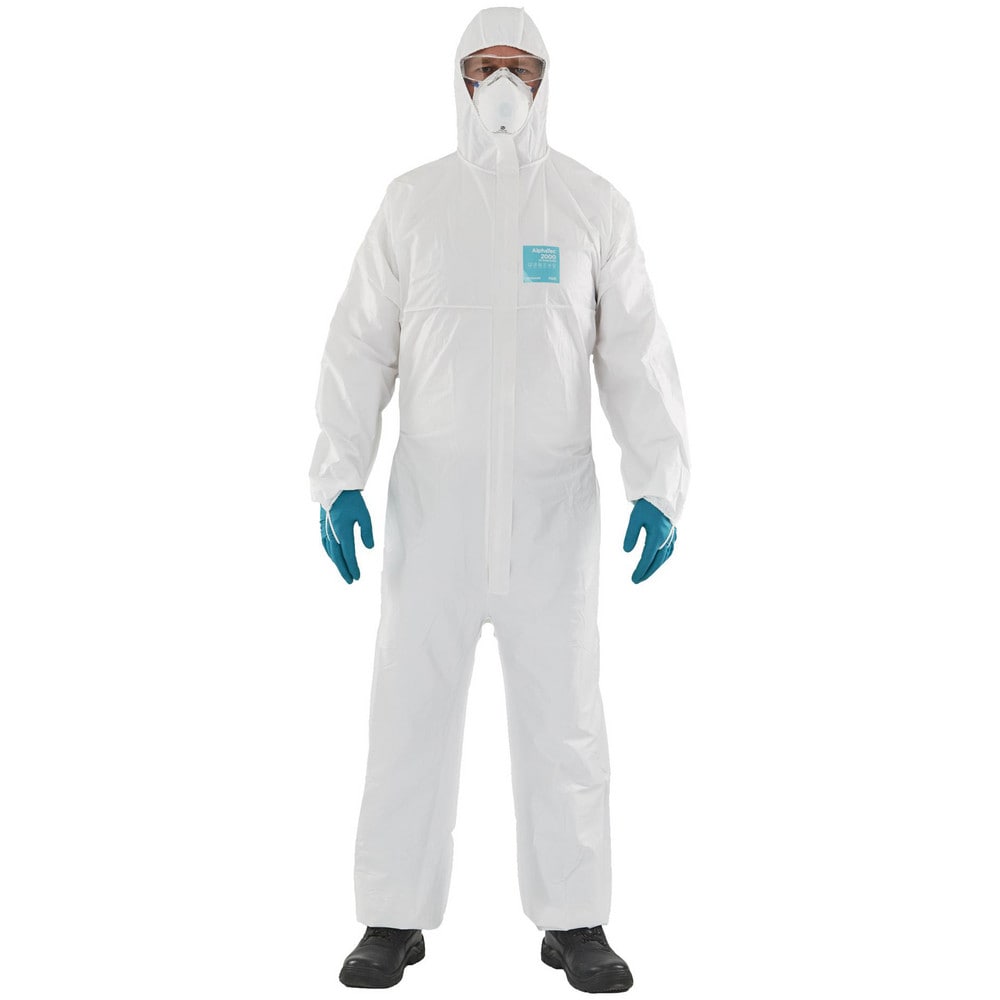 Disposable Coveralls: Size 3X-Large, 0.5382 oz, Microporous Polyethylene Laminate Non-Woven, 2-Way Zipper with Storm Flap, Finger Loops & Elastic Closure