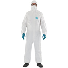 Disposable Coveralls: Size Large, 0.5382 oz, Microporous Polyethylene Laminate Non-Woven, 2-Way Zipper with Storm Flap, Finger Loops & Elastic Closure