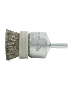 3/4″ Diameter × 1/4″ Shank Diameter × 7/8″ Trim Length, 0.014″ Crimped Bristle, Stainless Steel, Solid End - Banded Brush