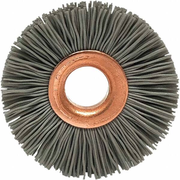 Brush Research Mfg. - 1-1/4" OD, 3/8" Arbor Hole, Crimped Abrasive Nylon Wheel Brush - 5/16" Face Width, 1/4" Trim Length, 20,000 RPM - Makers Industrial Supply