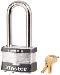 Master Lock - 2-1/2" Shackle Clearance, Keyed Different Padlock - 15/16" Shackle Width, 3/8" Shackle Diam, Laminated Steel - Makers Industrial Supply