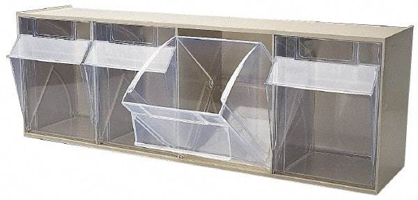 Quantum Storage - 23-5/8" Wide x 8-1/8" High x 6-5/8" Deep, Small Parts Tip Out Stacking Bin Organizer - Polystyrene Frame, 4 Compartments, 5-5/8" Wide x 7-1/2" High x 5" Deep Bin - Makers Industrial Supply