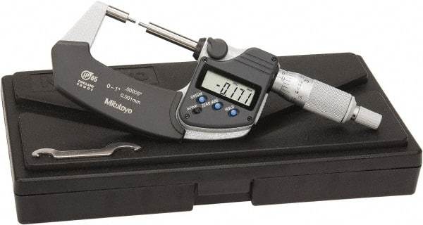 Mitutoyo - 1 Inch, 32mm Throat Depth, Electronic Spline Micrometer - Accurate Up to 0.0001 Inch, 1/4 Inch Spindle Diameter, 0.18mm Head Diameter, Ratchet Stop Thimble, Data Output - Makers Industrial Supply