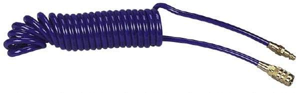 Coilhose Pneumatics - 1/4" ID, 1/4 Thread, 15' Long, Blue Polyurethane Coiled & Self Storing Hose - 125 Max psi, Industrial Interchange Coupler x Plug - Makers Industrial Supply