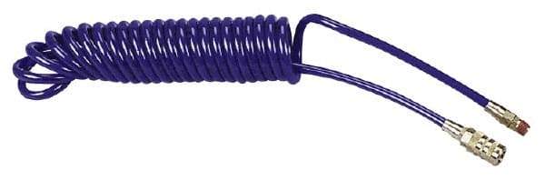 Coilhose Pneumatics - 1/4" ID, 1/4 Thread, 15' Long, Blue Polyurethane Coiled & Self Storing Hose - 125 Max psi, Industrial Interchange Coupler x Male Swivel - Makers Industrial Supply