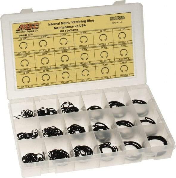 Made in USA - 174 Piece, M10 to M40, Steel, Snap Internal Retaining Ring Assortment - Includes Compartmented Case, Specification Labels - Makers Industrial Supply