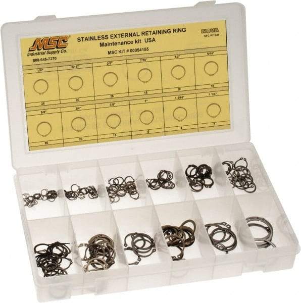 Value Collection - 315 Piece, 1/4 to 1-1/4", Stainless Steel, Snap External Retaining Ring Assortment - Includes Compartmented Case, Specification Labels - Makers Industrial Supply