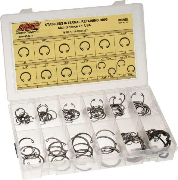 Value Collection - 120 Piece, 1/2 to 1-3/4", Stainless Steel, Snap Internal Retaining Ring Assortment - Includes Compartmented Case, Specification Labels - Makers Industrial Supply