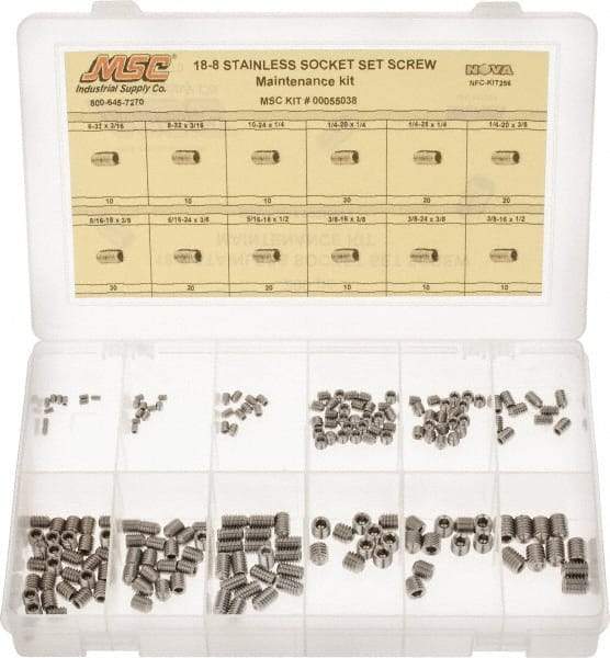 Value Collection - 200 Piece, #6-32 to 3/8-24, Stainless Steel Set Screw Assortment - Socket Cap Head, Hex Socket Drive, 3/16 to 3/8" Long, Grade 18-8 - Makers Industrial Supply