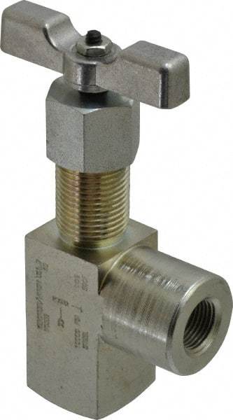 Made in USA - 3/8" Pipe, Angled Hard Seat Needle Valve - FNPT x FNPT Ends, Alloy Valve, 10,000 Max psi - Makers Industrial Supply