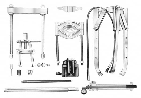 OTC - 17 Piece, 34" Spread, Hydraulic Puller Set - 3 Jaws, 19" OAL, 20-1/2" Reach - Makers Industrial Supply