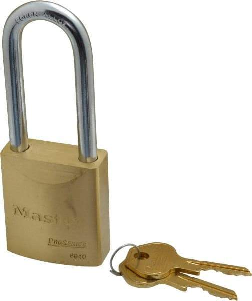 Master Lock - 2-7/16" Shackle Clearance, Keyed Different Pro Series Padlock - 29/32" Shackle Width, 5/16" Shackle Diam, Brass - Makers Industrial Supply