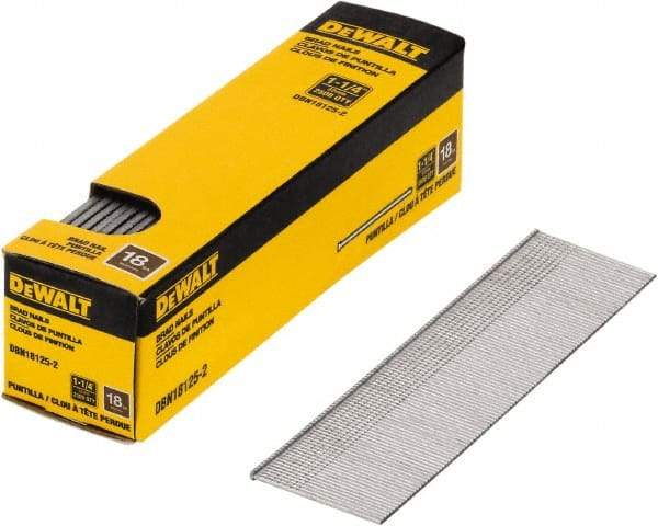 DeWALT - 18 Gauge 1-1/4" Long Finishing Nails for Power Nailers - Steel, Bright Finish, Smooth Shank, Straight Stick Collation, Brad Head, Chisel Point - Makers Industrial Supply