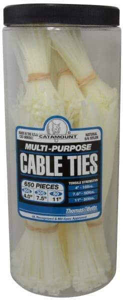 Thomas & Betts - 4 to 11 Inch Range, White Cable Ties - 3 Inch Bundle Diameter, 18, 40 and 50 Lb. Strength, Nylon - Makers Industrial Supply