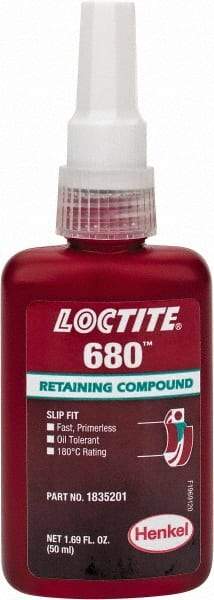 Loctite - 50 mL Bottle, Green, High Strength Liquid Retaining Compound - Series 680, 24 hr Full Cure Time, Heat Removal - Makers Industrial Supply