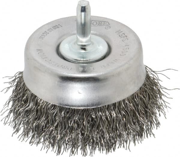 Osborn - 2-1/2" Diam, 1/4" Shank Diam, Steel Fill Cup Brush - 0.014 Wire Diam, 5/8" Trim Length, 4,500 Max RPM - Makers Industrial Supply