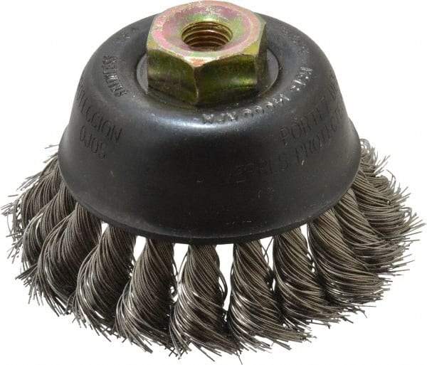 Osborn - 2-3/4" Diam, M10x1.25 Threaded Arbor, Stainless Steel Fill Cup Brush - 0.014 Wire Diam, 14,000 Max RPM - Makers Industrial Supply