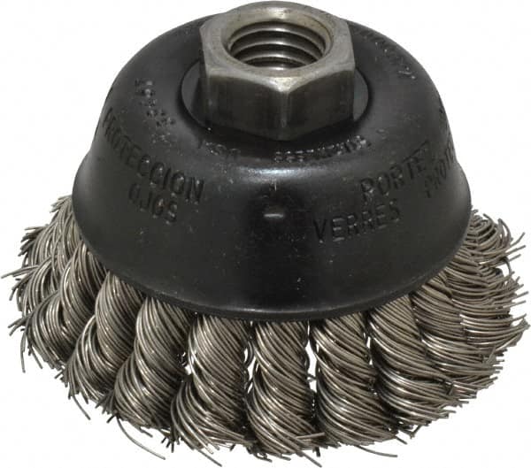 Osborn - 2-3/4" Diam, 5/8-11 Threaded Arbor, Stainless Steel Fill Cup Brush - 0.02 Wire Diam, 14,000 Max RPM - Makers Industrial Supply