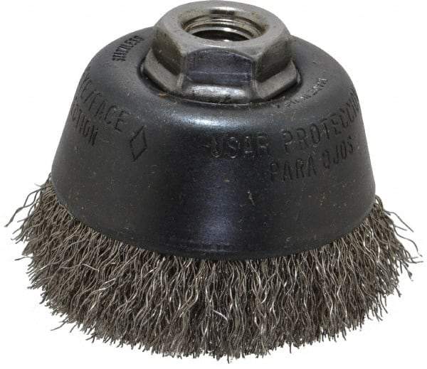 Osborn - 3-1/2" Diam, 5/8-11 Threaded Arbor, Stainless Steel Fill Cup Brush - 0.014 Wire Diam, 7/8" Trim Length, 14,000 Max RPM - Makers Industrial Supply