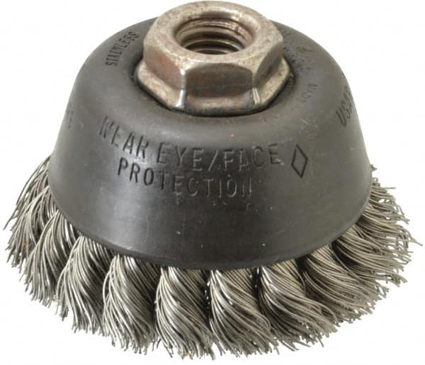 Osborn - 3-1/2" Diam, 5/8-11 Threaded Arbor, Stainless Steel Fill Cup Brush - 0.02 Wire Diam, 7/8" Trim Length, 14,000 Max RPM - Makers Industrial Supply