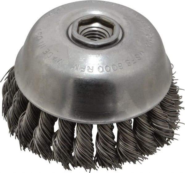 Osborn - 4" Diam, 5/8-11 Threaded Arbor, Steel Fill Cup Brush - 0.025 Wire Diam, 1-1/4" Trim Length, 6,000 Max RPM - Makers Industrial Supply