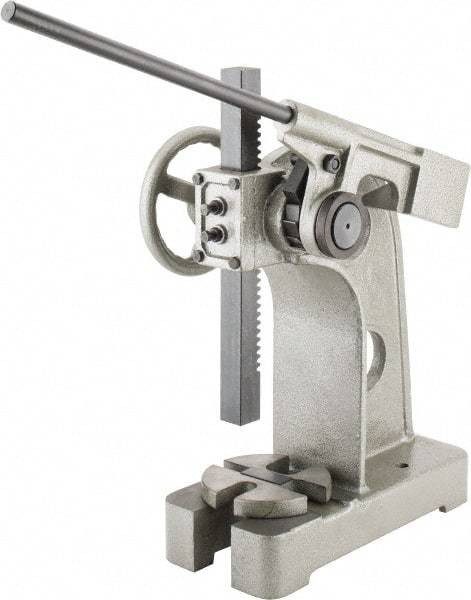 Interstate - 2-1/2" Ram, 6" Throat Depth, 3 Ton Manual Arbor Press - 12-5/8" Max Work Height x 12" Max Work Width, Ratchet Leverage, 20:1 Leverage Ratio, 8" Base Width x 18" Base Depth - Makers Industrial Supply