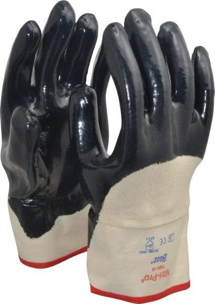 SHOWA - Size L (10) Nitrile Coated Jersey General Protection Work Gloves - For General Purpose, Palm & Fingers Coated, Safety Cuff, Full Fingered, White/Navy, Paired - Makers Industrial Supply