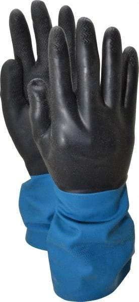 SHOWA - Size S (7), 12" Long, 26 mil Thick, Supported, Latex/Neoprene Chemical Resistant Gloves - Textured Finish, Cotton Lined, Gauntlet Cuff, ANSI Abrasion Level 2, ANSI Cut Level 1, ANSI Puncture Level 1, Black/Blue, FDA Approved - Makers Industrial Supply