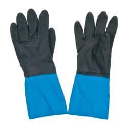 SHOWA - Size M (8), 12" Long, 26 mil Thick, Supported, Latex/Neoprene Chemical Resistant Gloves - Textured Finish, Cotton Lined, Gauntlet Cuff, ANSI Abrasion Level 2, ANSI Cut Level 1, ANSI Puncture Level 1, Black/Blue, FDA Approved - Makers Industrial Supply