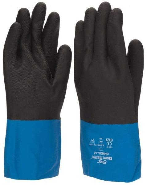 SHOWA - Size XL (10), 12" Long, 26 mil Thick, Supported, Latex/Neoprene Chemical Resistant Gloves - Textured Finish, Cotton Lined, Gauntlet Cuff, ANSI Abrasion Level 2, ANSI Cut Level 1, ANSI Puncture Level 1, Black/Blue, FDA Approved - Makers Industrial Supply