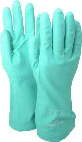 SHOWA - Size M (8), 13" Long, 15 mil Thick, Supported, Nitrile Chemical Resistant Gloves - Textured Finish, Cotton Lined, Gauntlet Cuff, ANSI Abrasion Level 4, ANSI Cut Level 0, ANSI Puncture Level 1, Green, FDA Approved - Makers Industrial Supply