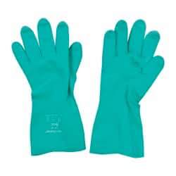 SHOWA - Size L (9), 13" Long, 15 mil Thick, Supported, Nitrile Chemical Resistant Gloves - Textured Finish, Cotton Lined, Gauntlet Cuff, ANSI Abrasion Level 4, ANSI Cut Level 0, ANSI Puncture Level 1, Green, FDA Approved - Makers Industrial Supply