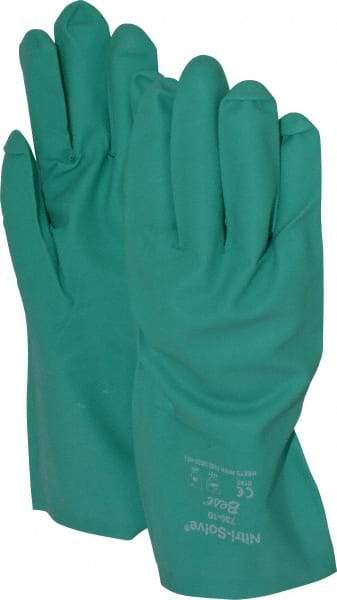 SHOWA - Size XL (10), 13" Long, 15 mil Thick, Supported, Nitrile Chemical Resistant Gloves - Textured Finish, Cotton Lined, Gauntlet Cuff, ANSI Abrasion Level 4, ANSI Cut Level 0, ANSI Puncture Level 1, Green, FDA Approved - Makers Industrial Supply