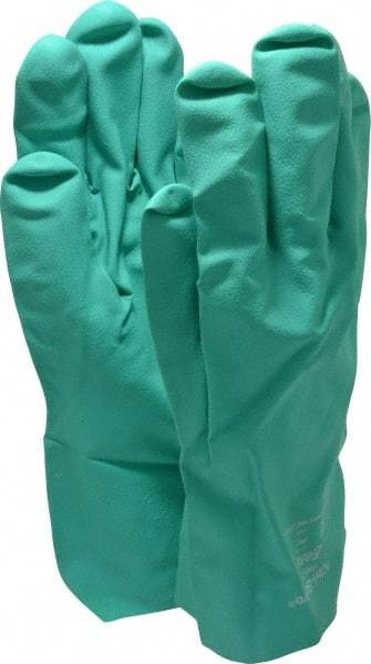 SHOWA - Size 2XL (11), 13" Long, 15 mil Thick, Supported, Nitrile Chemical Resistant Gloves - Textured Finish, Cotton Lined, Gauntlet Cuff, ANSI Abrasion Level 4, ANSI Cut Level 0, ANSI Puncture Level 1, Green, FDA Approved - Makers Industrial Supply