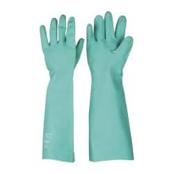 SHOWA - Size XL (10), 19" Long, 22 mil Thick, Nitrile Chemical Resistant Gloves - Textured Finish, Gauntlet Cuff, ANSI Abrasion Level 4, ANSI Cut Level 0, ANSI Puncture Level 1, Green, FDA Approved - Makers Industrial Supply