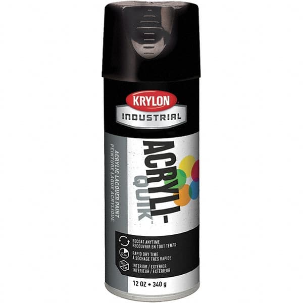 Krylon - Black, 12 oz Net Fill, Gloss, Lacquer Spray Paint - 15 to 20 Sq Ft per Can, 16 oz Container, Use on Cabinets, Color Coding Steel & Lumber, Conduits, Drums, Ducts, Fabric, Furniture, Motors, Pipelines, Tools - Makers Industrial Supply