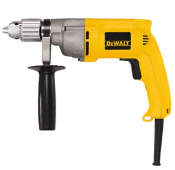 DeWALT - 1/2" Keyed Chuck, 0 to 600 RPM, Pistol Grip Handle Electric Drill - 7.8 Amps, 120 Volts, Reversible, Includes 360° Side Handle & Chuck Key with Holder - Makers Industrial Supply