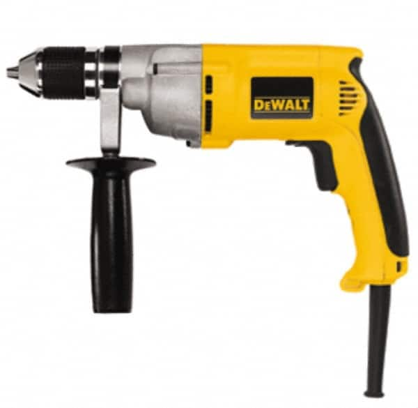 DeWALT - 1/2" Keyless Chuck, 0 to 600 RPM, Pistol Grip Handle Electric Drill - 7.8 Amps, 120 Volts, Reversible, Includes 360° Side Handle - Makers Industrial Supply