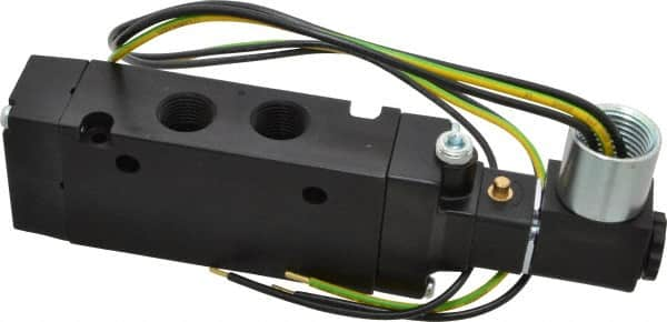 Parker - 3/8" Inlet x 3/8" Outlet, Single Solenoid Actuator, Air Return, 2 Position, Body Ported Solenoid Air Valve - 120 VAC Input, 88 CFM, 2.8 CV, 4 Way, 145 psi, 5-3/4" Long x 1.15" Wide x 3.97" High, 0 to 160°F - Makers Industrial Supply