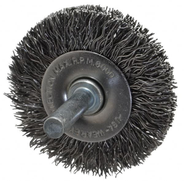 Made in USA - 2" OD, 1/4" Shank Diam, Crimped Steel Wheel Brush - 1/4" Face Width, 0.014" Filament Diam, 6,000 RPM - Makers Industrial Supply