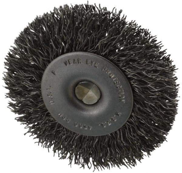 Made in USA - 2-1/2" OD, 1/4" Shank Diam, Crimped Steel Wheel Brush - 1/4" Face Width, 0.014" Filament Diam, 4,500 RPM - Makers Industrial Supply