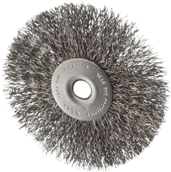 Made in USA - 3-1/2" OD, 1/4" Shank Diam, Crimped Steel Wheel Brush - 1/4" Face Width, 0.014" Filament Diam, 4,500 RPM - Makers Industrial Supply