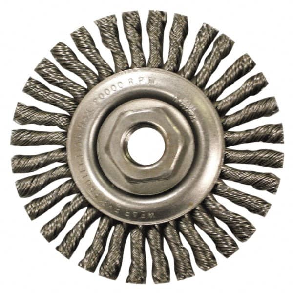 Anderson - 4" OD, M10x1.50 Arbor Hole, Knotted Stainless Steel Wheel Brush - 1/4" Face Width, 7/8" Trim Length, 0.02" Filament Diam, 20,000 RPM - Makers Industrial Supply