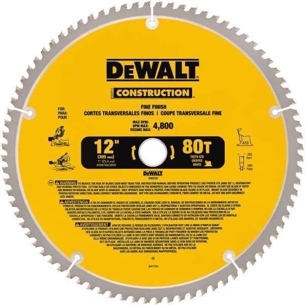 DeWALT - 12" Diam, 1" Arbor Hole Diam, 80 Tooth Wet & Dry Cut Saw Blade - Carbide-Tipped, General Purpose Action, Standard Round Arbor - Makers Industrial Supply