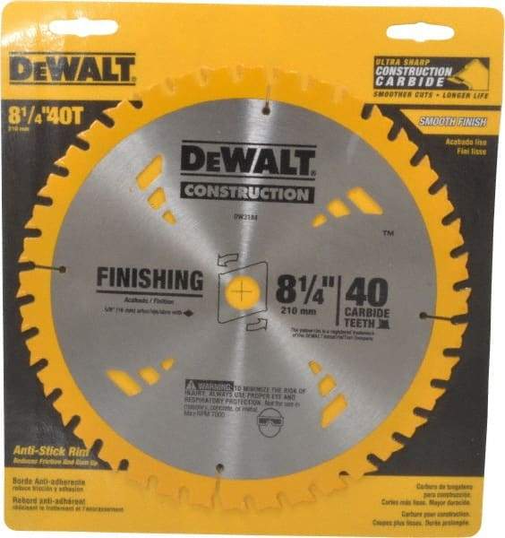 DeWALT - 8-1/4" Diam, 5/8" Arbor Hole Diam, 40 Tooth Wet & Dry Cut Saw Blade - Carbide-Tipped, General Purpose Action, Diamond Arbor - Makers Industrial Supply