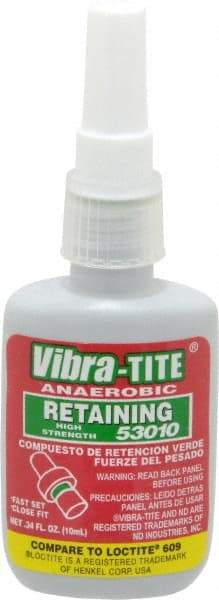 Vibra-Tite - 10 mL Bottle, Green, High Strength Liquid Retaining Compound - Series 530, 24 hr Full Cure Time, Hand Tool Removal - Makers Industrial Supply