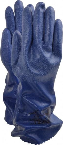 SHOWA - Size L (10), 14" Long, 15 mil Thick, Supported, Nitrile Chemical Resistant Gloves - Textured Finish, Cotton Interlock Knit Lined, Gauntlet Cuff, ANSI Abrasion Level 6, ANSI Cut Level 2, ANSI Puncture Level 2, Blue, FDA Approved - Makers Industrial Supply