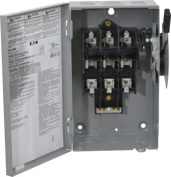 Eaton Cutler-Hammer - 30 Amp, 240 VAC, 3 Pole Fused Safety Switch - NEMA 1, 1 Phase, 1-1/2 to 3 hp at 240 VAC (Single Phase), 3 to 7-1/2 hp at 240 VAC (Triple Phase), 3PST Contact Form - Makers Industrial Supply