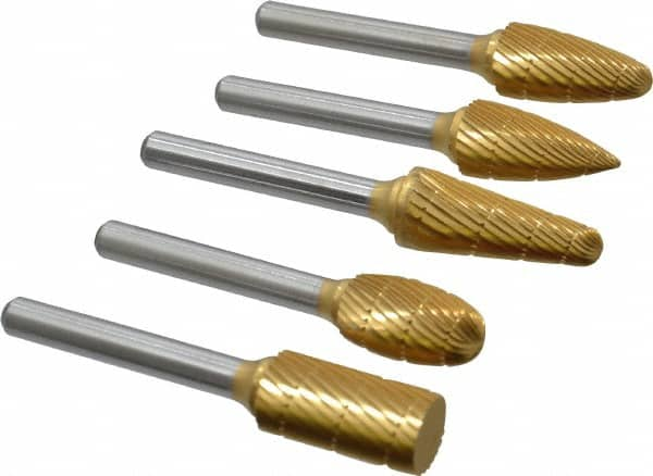 Made in USA - 5 Piece, 1/2" Shank Burr Set - Tungsten Carbide, Multiple Head Shape - Makers Industrial Supply