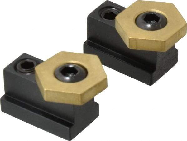 Mitee-Bite - 13/16" Brass Hex, 7/16" T-Slot, 5/16-18 Stud Thread, Symmetrical Hex Clamp - 3/16" Hex Height, 800 Lb Holding Force, 1/2" Long Thread, 8.3 Ft/Lb Torque, 2 Clamps - Makers Industrial Supply